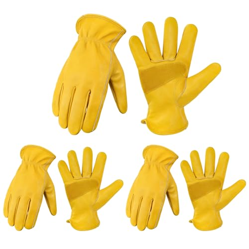 Cowhide Leather Gardening Work Gloves for Men 3 Pairs Golden S (3 Count)