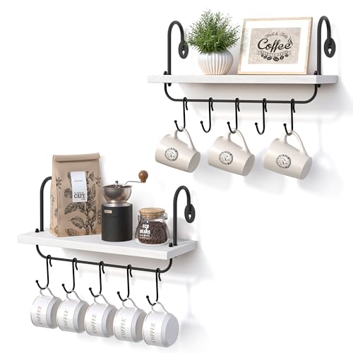 Floating Wall Shelves for Kitchen Bathroom Coffee Nook with 10 Adjustable Hooks for Mugs Cooking Utensils or Towel Rustic Storage Shelves Set of 2 (2 Count)