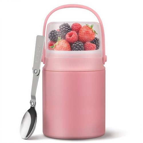 2-in-1 Thermos for Hot Food with Snack Box Container - 20oz Stainless Steel Insulated Food Container with Handle and Spoon, Leak Proof Bento Box Kids Adult for School Lunch Office, Pink