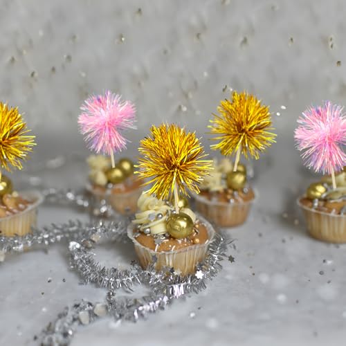 30Pcs Foil Firework Cupcake Toppers Sparkle Tinsel Cake Toppers Tinsel Drink Cake Decoration Cocktail Picks for Birthday Wedding Graduation Party Supplies Gold Pink (30 Count)