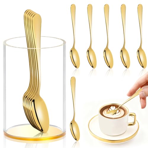 6 Pcs Gold Coffee Spoons with Holder Mini Coffee Spoons Gold 4.7 Inch Demitasse Espresso Spoons Tiny Dessert Spoons Small Tea Spoon Stainless Steel Acrylic Cylinder Holder for Coffee Bar Home Party (6 Count)