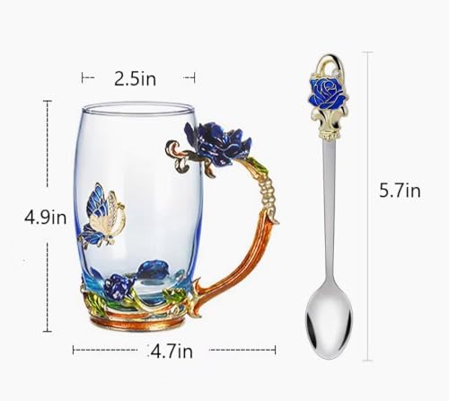 Tea Cup Gifts for Mom Women Mothers Day Glass Coffee Enamels Mug Birthday Butterfly Rose Gifts for Her Valentines Day Christmas Tea Cup with Spoon