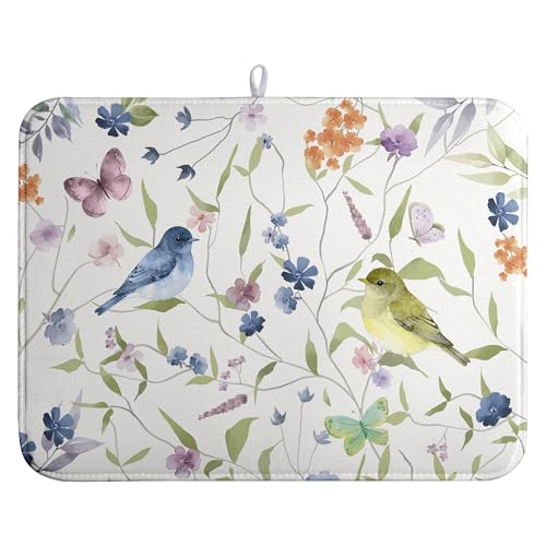 Spring Floral Birds Dish Drying Mats Spring Summer Dish Mat Green Leaf Butterfly Drying Matt Dishes Dryer Pad for Kitchen Counter Absorbent Microfiber Washable Foldable Reusable 18x24 in