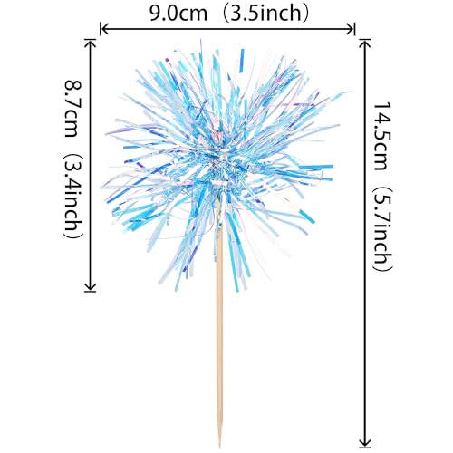30 PCS Foil Firework Cupcake Toppers Happy Birthday Cupcake Toppers Sparkle Tinsel Flower Drink Stirrers Cocktail Fruit Toothpicks for Valentine's Day Baby Shower Party Cake Decor Supplies Blue (30 Count)