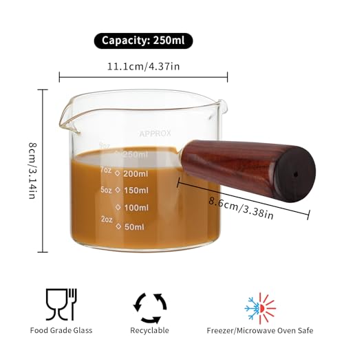 250ML 8.5OZ Measuring Cup Espresso Shot Glasses Double Spouts Large Coffee Cup with Wood Handle Triple Pitcher Milk Cup Parts Clear Glass By BCnmviku