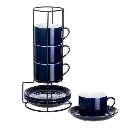 8 OZ Porcelain Stackable Cappuccino Cups and Metal Stand Set of 4 (4 Count)