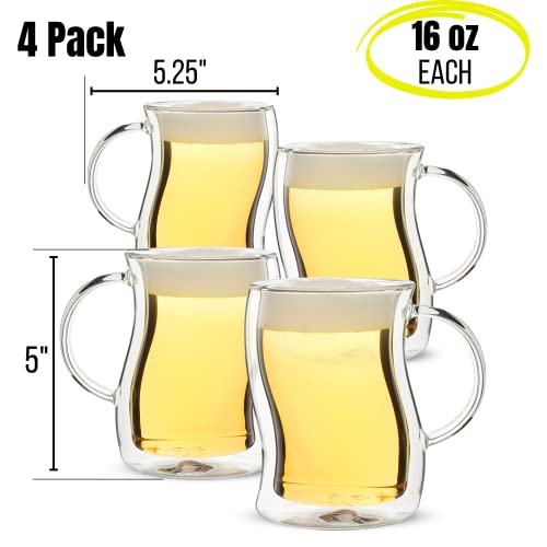 BTaT- Double-Walled Beer Mugs, 16 oz, 4 Pack, Double-Walled Glass with Handle, Insulated Beer Glasses, Drinking Glasses for Bar, Beverages, Alcohol, Water (4 Count)