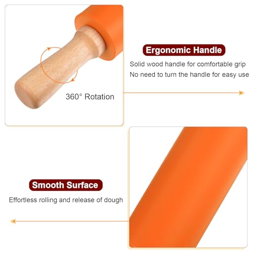 Silicone Rolling Pins for Baking 15 Inch Wooden Handle Non Stick Rolling Pin Small Roller Playdough Rolling Pins for Dough Pizza Pastry Fondant Kitchen
