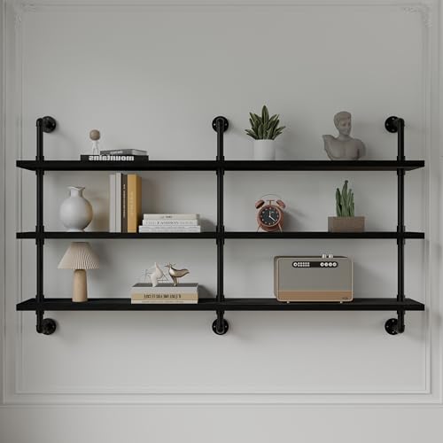 Industrial Pipe Shelving Rustic Black Pipe Wall Shelves Industrial Shelves with Wood Planks Floating Shelves 60 Inch Farmhouse Bathroom