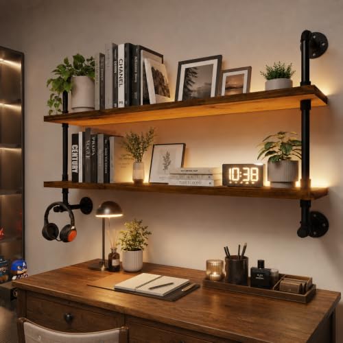 LED Floating Book Shelves for Wall Industrial Pipe Shelving 48 inch