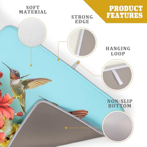 Hummingbirds Floral Dish Drying Mat for Kitchen Counter 18x24 In Hibiscus Tropical Drying Mat Farmhouse Fast Dry Absorbent Microfiber Dish Drainer Rack Pad Mat for Countertop Decor