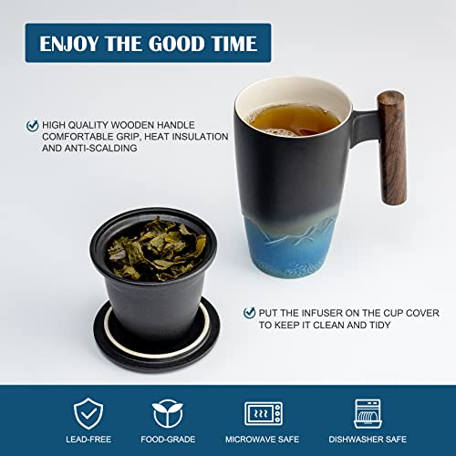 Tomotime Ceramic Tea Cup with Infuser and Lid Tea Mugs Wooden Handle 400ml