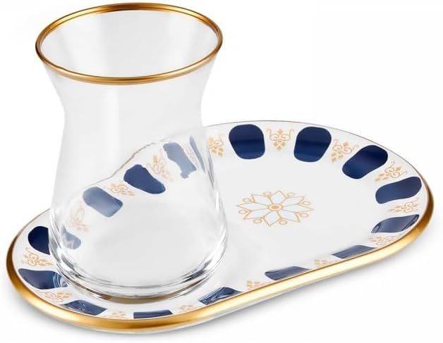 KARACA Belem Turkish Tea Glasses Set, 12-Piece Tea Set for 6 People, Tea Glasses with Gold Rim and Navy Blue Accents