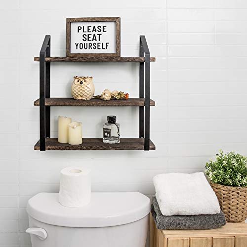 Floating Wall Shelves 3 Tier 17 Inch Rustic Hanging Shelf with Metal Bracket Wall Mount Wood Storage Display Shelves for Living Room Bathroom Bedroom Kitchen Office