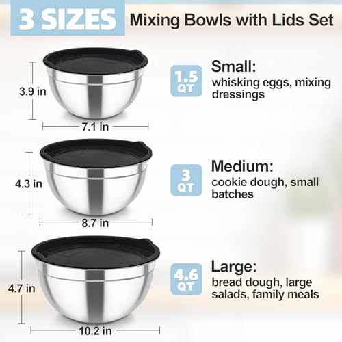 Mixing Bowls Stainless Steel Nesting Salad Bowls & Airtight Lids (3 Count)