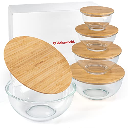 Stackable Glass Mixing Bowls with Bamboo Lids Set of 5
