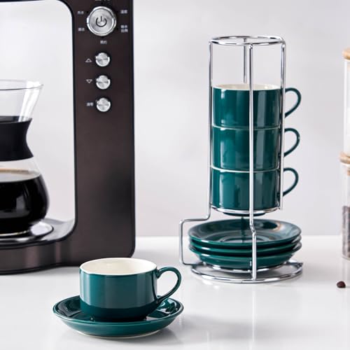 2.5 Ounce Stackable Espresso Cups with Saucers and Metal Stand (4 Count)