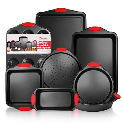 Non-Stick 8-Piece Baking Pan Set, BPA-Free Carbon Steel Bakeware Set with Silicone Handles, Stackable Kitchen Oven Set, Cookie Sheet, Baking Tray, Baking Sheet Set, Oven Safe (446°F) (8 Count)