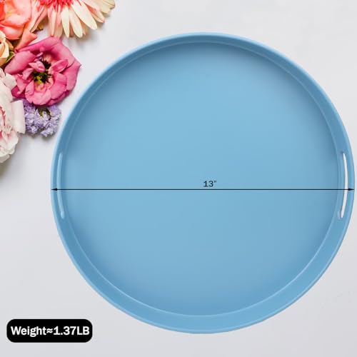 Round Blue Decorative Serving Tray with Handles