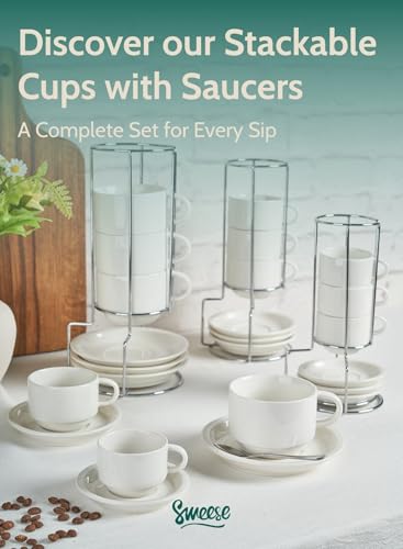 2.5 Ounce Porcelain Stackable Espresso Cups with Saucers and Metal Stand Set of 4 (4 Count)