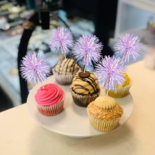 30Pcs Foil Firework Cupcake Toppers Party Birthday Cake Toppers Supplies Sparkle Tinsel Cocktail Fruit Toothpick for Birthday Wedding Graduation Party Purple (30 Count)