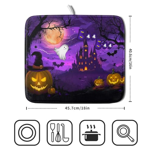 Halloween Scary Night Pumpkin Lanterns Dish Drying Mat for Kitchen Counter