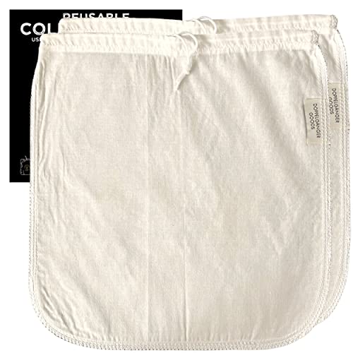 2-Pack, Large 12in x 12in) Organic Cotton Cold Brew Coffee Bag - Designed in California - Reusable Coffee Filter with EasyOpen Drawstring Cold Brew Maker for Pitchers, Mason Jars, & Toddy Systems (2 Count)