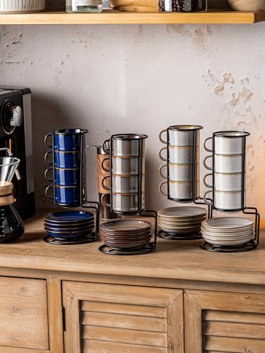 2.5 Ounce Espresso Cups Set of 4 with Saucers & Metal Rack (8.25 Count)