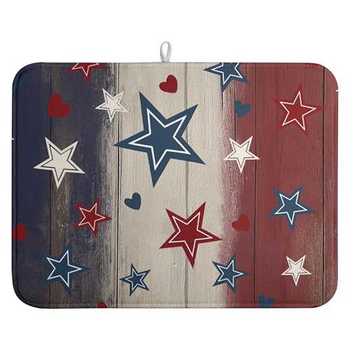 Patriotic Stars Dish Drying Mats 4th of July Dish Mat Blue Red Heart Drying Matt Dishes Dryer Pad for Kitchen Counter Absorbent Microfiber Washable Foldable Reusable 18x24 in