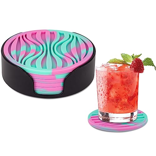 6 Pack Rubber Drink Coasters Plastic Coaster with Holder
