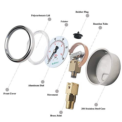 2-1/2" Glycerin Liquid Filled Air Pressure Gauge, 0-60Psi, 1/4”NPT Lower Mount, Stainless Steel Case, Brass Internals, Water Pressure Gauge