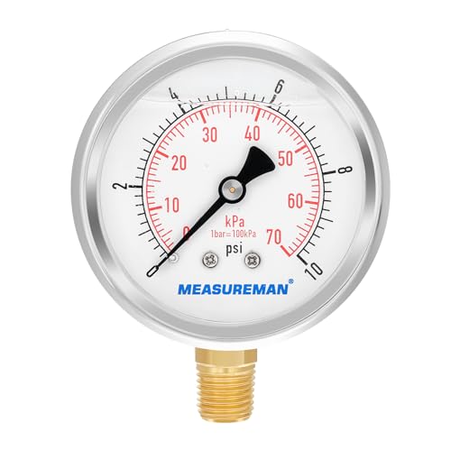 2-1/2" dial,Glycerin Filled, Stainless Steel case, Brass Inside, 0-10psi/kpa,1/4" NPT Lower Mount