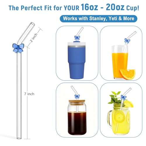 8 Pack Blue Bow Glass Straws with Charms (8 Count)