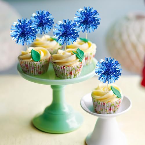 30Pcs Foil Firework Cupcake Toppers Blue Tinsel Flower Drink Stirrers Cocktail Food Fruit Cake Toppers for Valentine's Day Party Decorations Blue (30 Count)