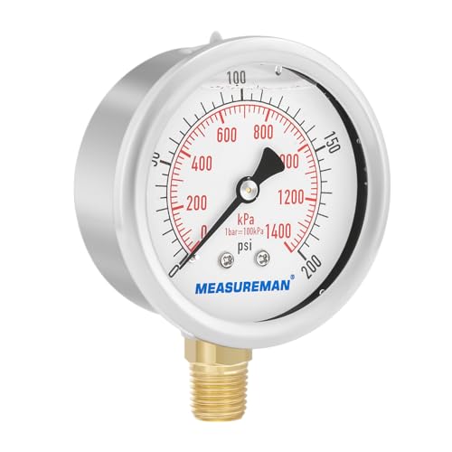 2-1/2inch Dial Size, Liquid Filled Pressure Gauge, 0-200psi/kpa, 304 Stainless Steel Case, 1/4 inchNPT Lower Mount