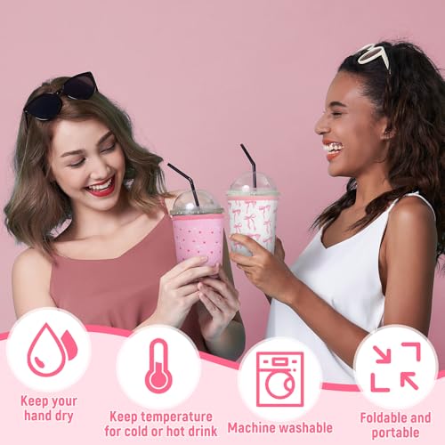 8 Pcs Pink Bow Iced Coffee Sleeve Reusable Neoprene Insulatord Cup Sleeve Coquette Bow Reusable Coffee Insulator Sleeves Holder for Cold Beverages Cups Cold and Hot Drinks
