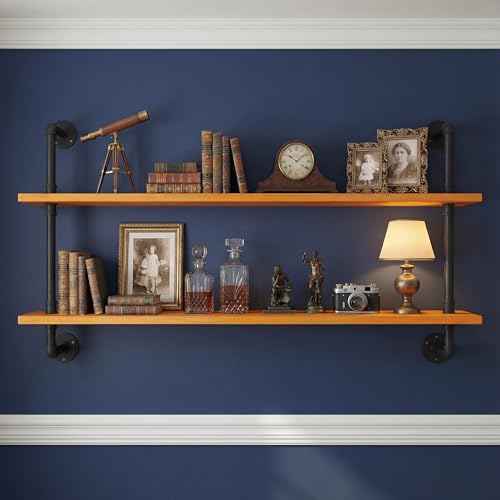 Industrial Pipe Shelving Shelf Rustic Wood Wall Shelves Industrial Floating Shelves for Wall 48 Inch Farmhouse Bookshelf Pipe Shelves Living Room Kitchen