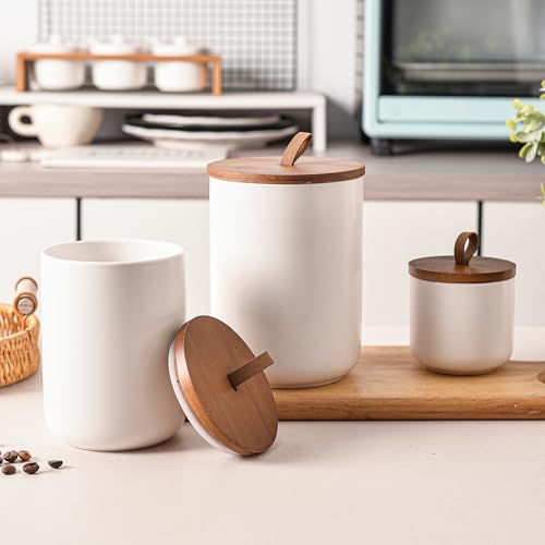 White Ceramic Canister Set with Bamboo Lids