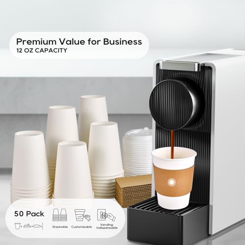 50 Pack 12 oz Disposable Paper Coffee Cups with Lids & Sleeves (50 Count)