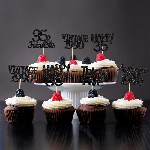 30 Pack Vintage 1989 Cupcake Toppers Black Glitter Thirty Five Happy 35 Cake Decorations Cheers to 35 Years Birthday Cupcake Picks 35th Birthday Anniversary Cake Decorations (30 Count)