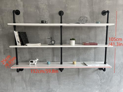 Industrial Pipe Shelving Rustic White Pipe Wall Shelves Industrial Shelves with Wood Planks Floating Shelves 60 Inch Farmhouse Bathroom (3 Count)