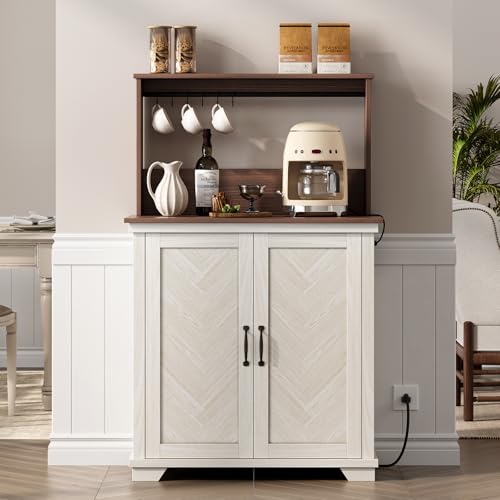 Farmhouse Coffee Bar Cabinet with Storage and Charging