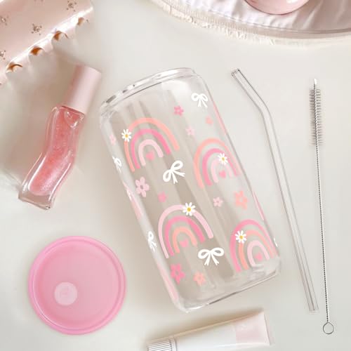 Rainbow 16oz Can Glass Tumbler with Acrylic Lid & Straw