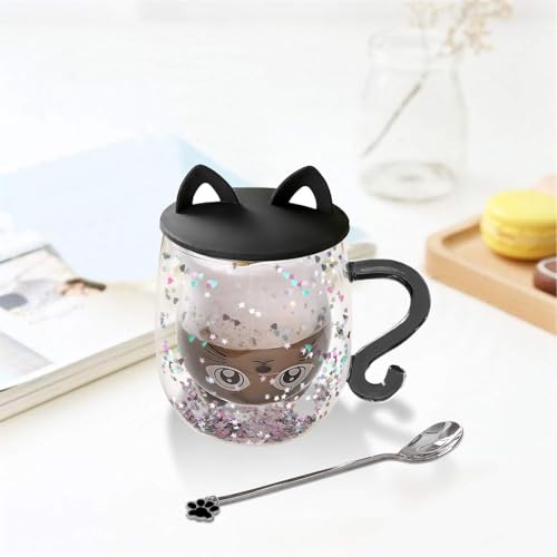 Glittery Black Cat Double Walled Glass Coffee Latte Cup