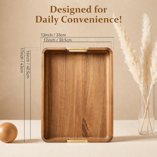 Acacia Wood Serving Tray with Gold Handles