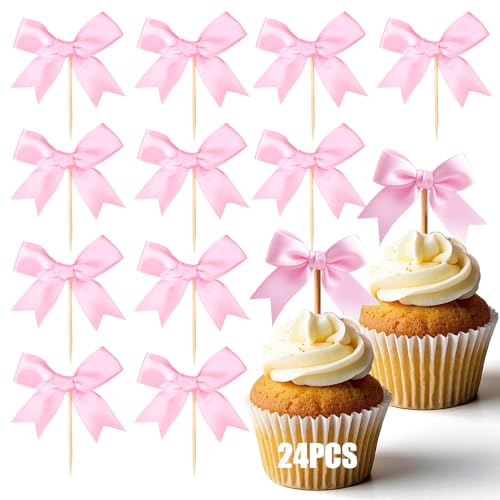 24Pcs Pink Bow Cupcake Toppers (24 Count)