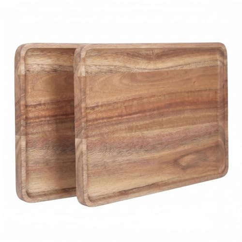 2 PCS Solid Acacia Wood Serving Trays Rectangular Wooden Serving Platters Natural Wooden Boards for Bar Coffee Party 13 * 9 inch (2 Count)