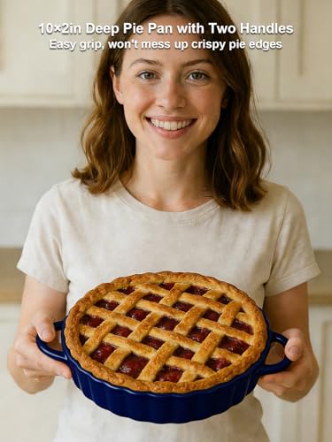 10×2in Deep Ceramic Pie Pan with Handles for Pie Quiche Tart Baking. Easy to grip
