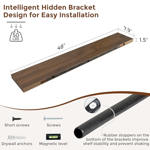 48 Inch Floating Shelves for Wall 8 Inch Deep Walnut Shelves Set of 2 (2 Count)