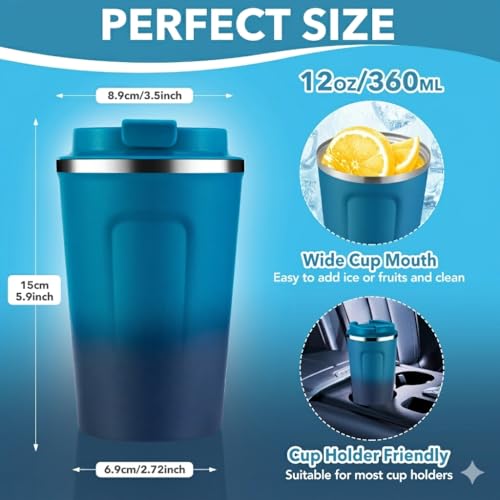 12 oz Double Wall Insulated Vacuum Travel Coffee Mugs with Flip Lid Bulk 2 Pack (2 Count)